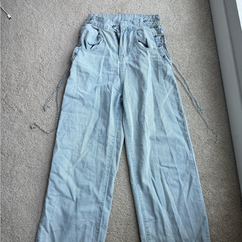 YesStyle Light Blue Denim Pants with Chain Detail